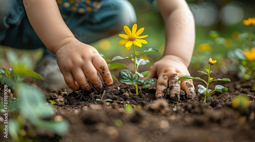 Child Gently Plants A Vibrant Yellow Flower Seedling In Soil, Young Hands, New Growth