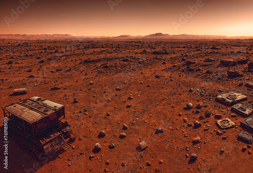 Abstract landscape of the surface of the planet Mars with an abandoned broken rusty rover. Abstract image on the theme of space exploration. Created using generative AI tools photo