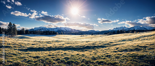 Beautiful frozen meadow against a background of snow-covered mountains in early autumn. Natural background, wallpaper, banner. Created using generative AI tools