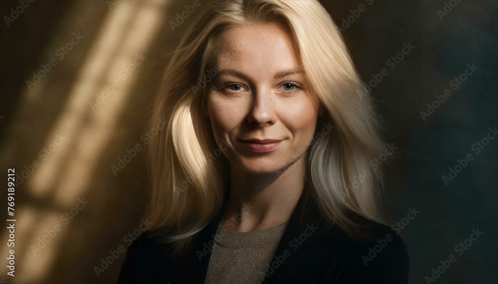 The photo features a portrait of a woman with a warm and confident expression. The photo features a portrait of a woman with a warm and confident expression.