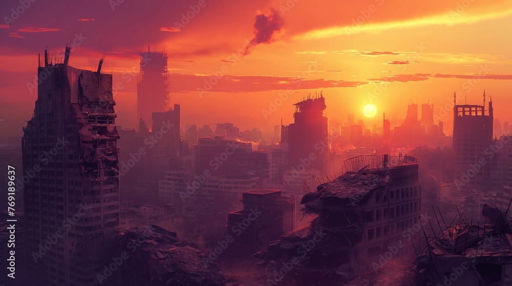 Cityscape at sunset, silhouettes of destroyed buildings.