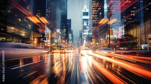 City lights blurred into motion on a busy street.