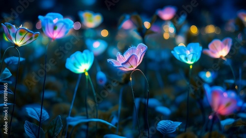 Colorful glowing flowers bloom casting an enchanting glow that illuminates the darkness.