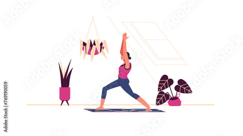 Warrior pose vector Cartoon illustration home yoga flow