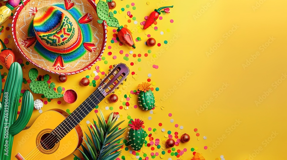 Beautiful Cinco de mayo holiday background made from maracas mexican blanket stripes