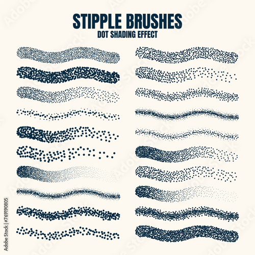 Stipple scatter brush, ink drawing and texturing. Fading gradient. Stippling, dotwork drawing, shading using dots. Halftone disintegration effect. White noise grainy texture. Vector illustration