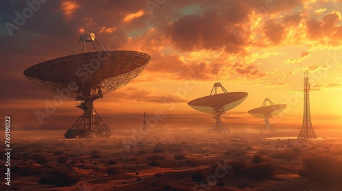 Desert landscape with a sophisticated and futuristic radio array.
