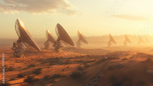 Desert landscape with a sophisticated and futuristic radio array.