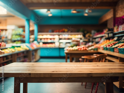 Empty wooden table with a beautiful grocery store background