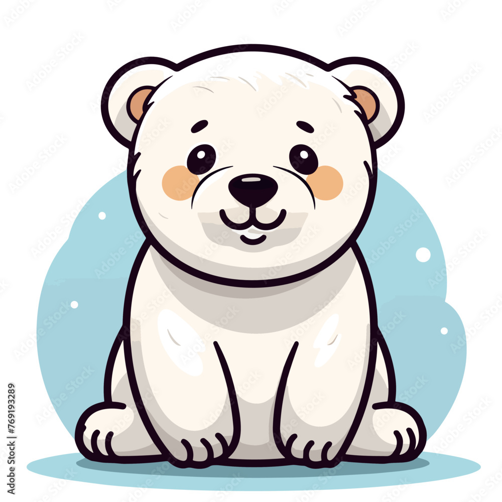 A cartoon white bear is sitting on the ground with its mouth open