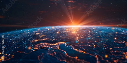 Global digital data network surrounding Earth symbolizing connectivity and scientific technology advancement. Concept Digital Connectivity, Global Network, Technological Advancement, Data Exchange