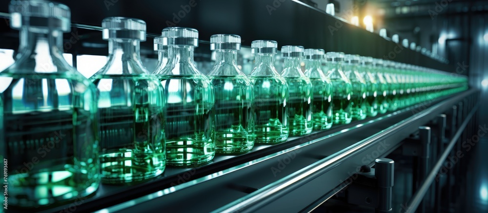 Numerous green liquid containers are neatly arranged and carried by a conveyor belt in a manufacturing facility Numerous green liquid containers are neatly arranged and carried by a conveyor belt in a manufacturing facility