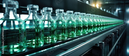Numerous green liquid containers are neatly arranged and carried by a conveyor belt in a manufacturing facility