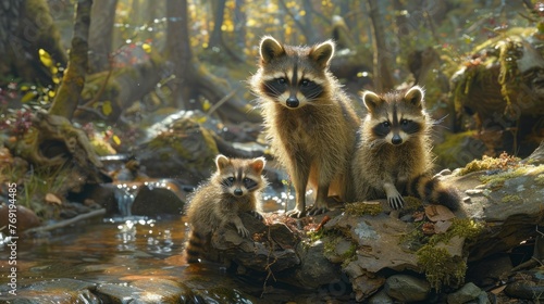 Three raccoons by a forest stream in the natural landscape