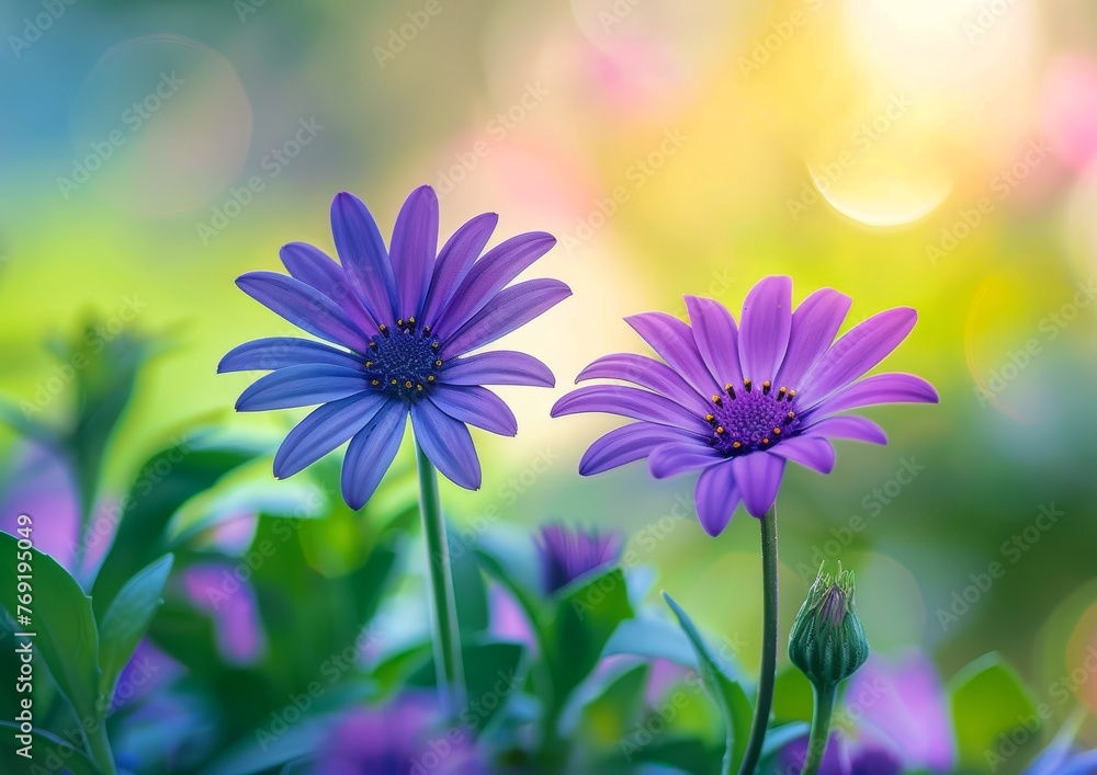 Illustration of Dreamy Purple Daisies in Soft Light, Beauty of the Natural World. Generative AI.