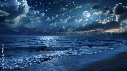 Image of a moonlit night by the beach, soft glow of the moon.