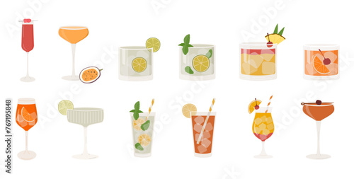 Set of popular classic cocktails. Different alcoholic drinks in various glasses. Summer aperitif garnished with lime twist, orange slice and cherry. Vector illustration of soft and alcohol beverages.