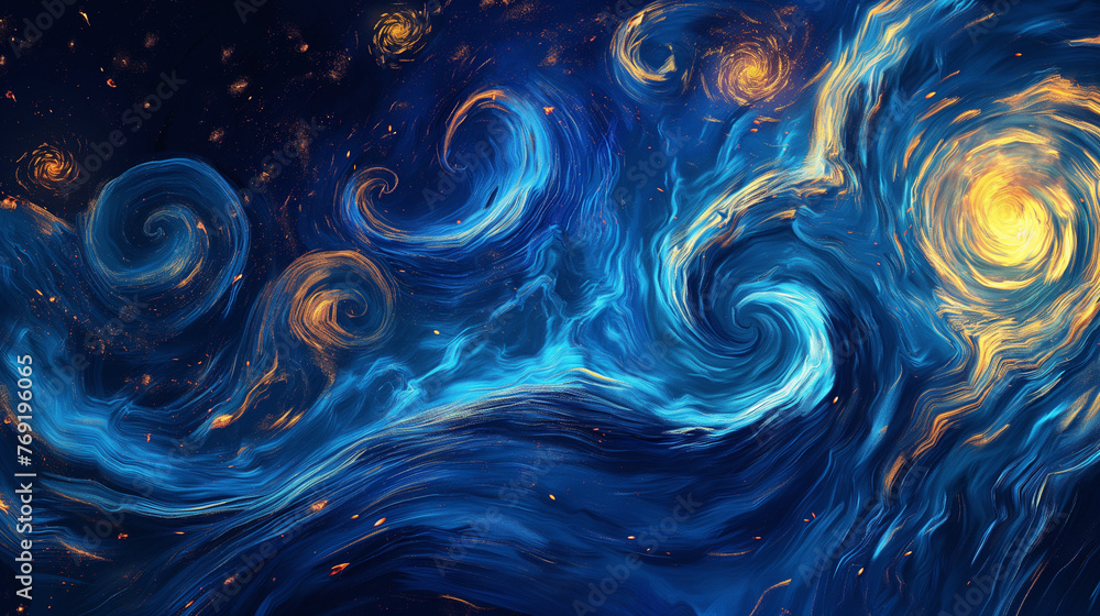 Whirling Blue and Gold Abstract Swirls Artwork Whirling Blue and Gold Abstract Swirls Artwork
