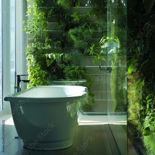 Urban Garden Oasis  Create an urban garden oasis in the bathroom with transparent walls  featuring a vertical garden or living green wall to bring nature indoors. Generative AI