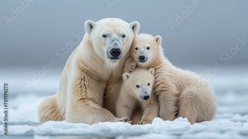 Polar bear and two cubs in snow, Carnivores in natural landscape