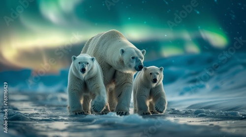 Polar bear mother and cubs stroll on snowy landscape under the aurora borealis