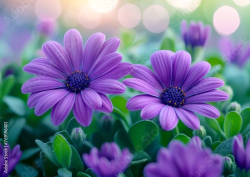 Illustration of Dreamy Purple Daisies in Soft Light  Beauty of the Natural World. Generative AI.
