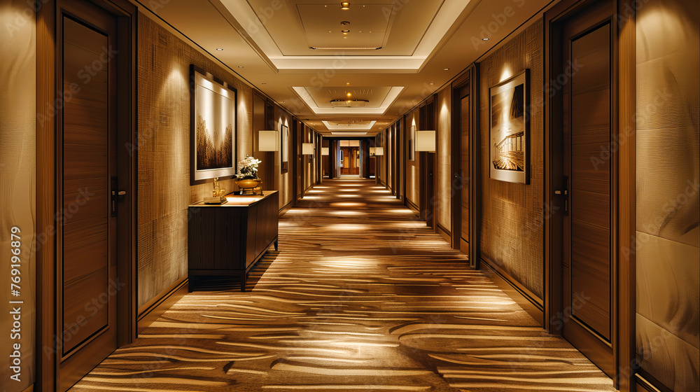 Long Hotel Corridor with Carpeted Floor, Illuminated by Warm Lighting, Modern Interior Design