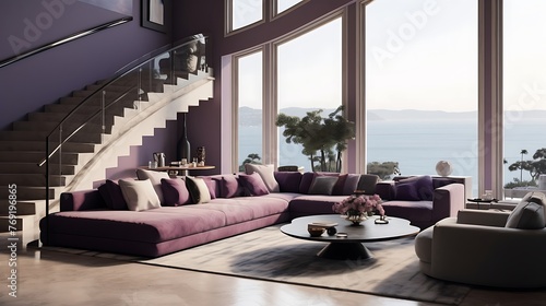 an image of a living room with purple steps, a luxuriously styled sole sofa photo
