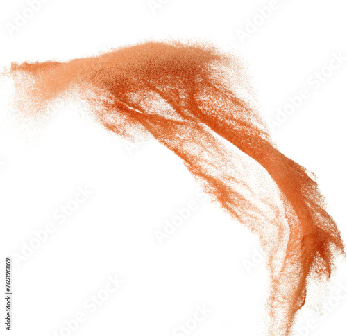Sand Storm desert with wind blow spin swirl around. Brick red sand tornado storm with high wind. Fine Sand circle around, White background Isolated throwing particle element object