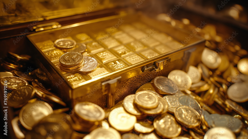 A golden treasure chest brimming with shiny gold bars and scattered coins reflects the essence of wealth and prosperity - Generative AI A golden treasure chest brimming with shiny gold bars and scattered coins reflects the essence of wealth and prosperity - Generative AI