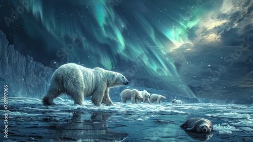 Polar bear and cubs wading in water under the aurora borealis © Yuchen
