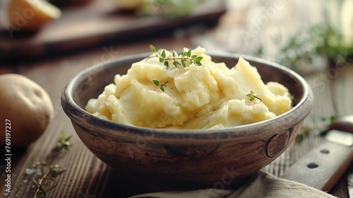 Image of bowl of creamy mashed potatoes. photo