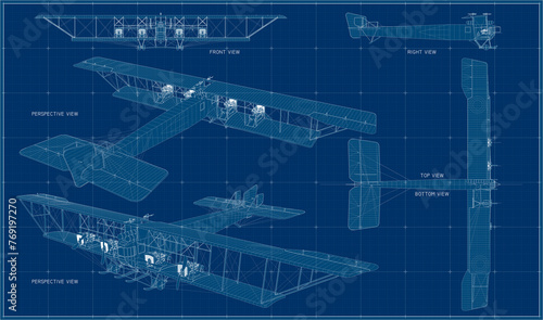 Heavy four-seat bomber from the First World War. Biplane Ilya Muromets. Four-engine aircraft. Aircraft blueprint with projections and perspective. photo