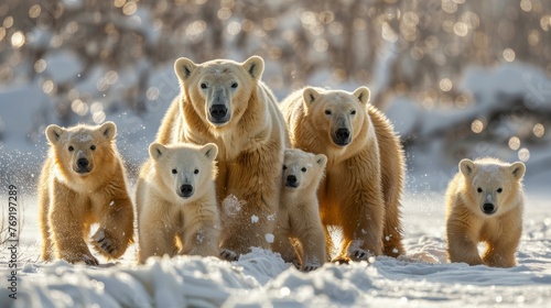 Group of polar bears, carnivores with snouts, adapt to snowy landscape