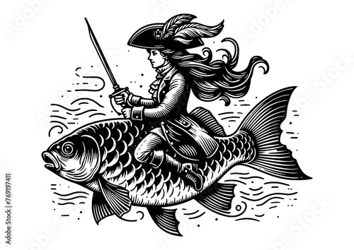 Pirate captain riding fish sketch PNG illustration with transparent background