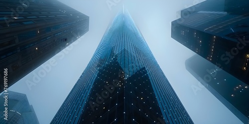 Blue digital lines surround a modern skyscraper in New York symbolizing the convergence of IoT networks in smart cities. Concept Smart Cities, IoT Networks, Skyscraper Architecture, New York City #769197686