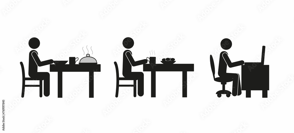 a set of flat illustrations, pictograms of a man at a table during lunch, lunch, coffee, working on a laptop, remote work, human figure, silhouette a set of flat illustrations, pictograms of a man at a table during lunch, lunch, coffee, working on a laptop, remote work, human figure, silhouette