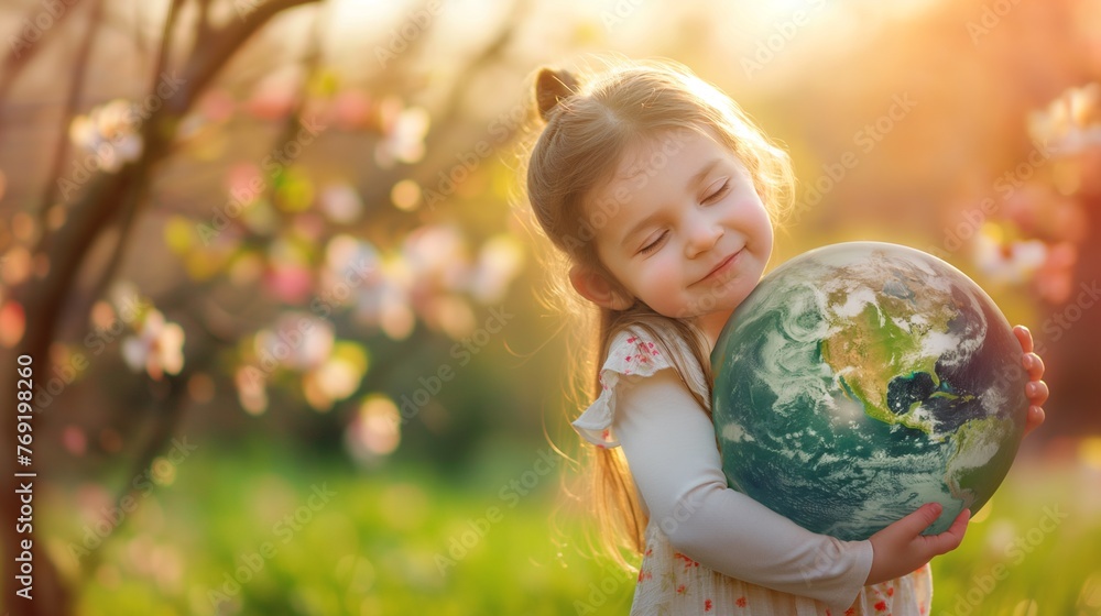 Cute little girl hugging globe on spring outdoor park, copy space, concept of environment protection, the Earth Day. Cute little girl hugging globe on spring outdoor park, copy space, concept of environment protection, the Earth Day.