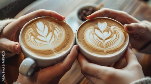 Friends holding cup of coffee in front of cafe window by the street, concept of girls' time, relaxation, get together, coffee time, friendship, with copy space. © JW Studio
