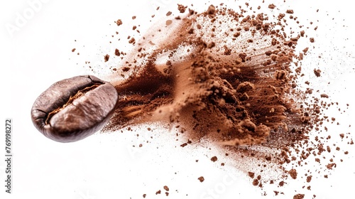 Coffee powder burst from coffee bean isolated on white background.