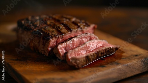 Image of cooked medium-rare steak, expertly sliced on a wooden board.