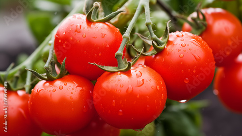 Close-up of ripe cherry tomatoes at a farm, showcasing glossy skin and vibrant red color. © KrishK