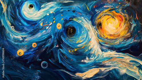 Hand-Drawn Abstract Landscape: Whirling Blue and Gold Swirls Artwork