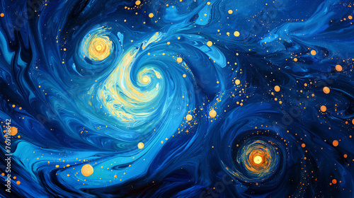 Hand-Drawn Abstract Landscape  Whirling Blue and Gold Swirls Artwork