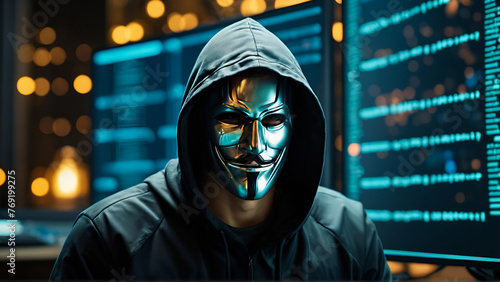 hacker man on computer, hacker in hoodie, cybercrime concept , cyber security photo