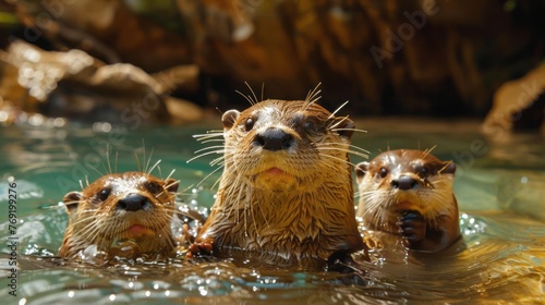 Three otters swim through the liquid with their snouts above the water photo
