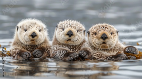 Three young otters playfully swim in their natural aquatic habitat photo