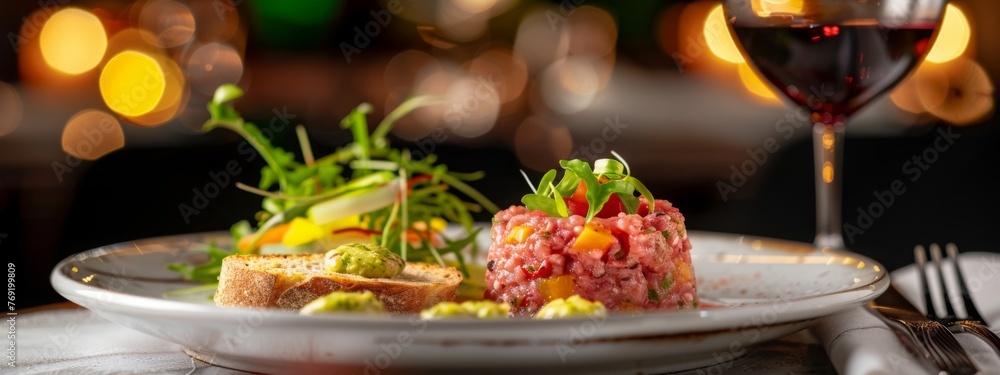 Raw beef tartar with small toasts, microgreens and a glass of red wine on a restaurant table, blurred background. Steak tartar starter, fine dining concept. French cuisine dish