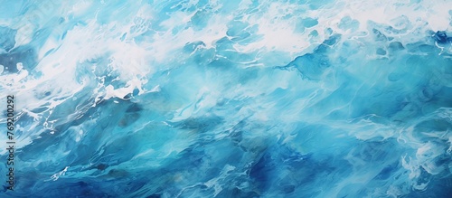 An art piece depicting a cumulus cloud above an electric blue wave in the ocean. The liquid pattern of the water creates a stunning natural landscape