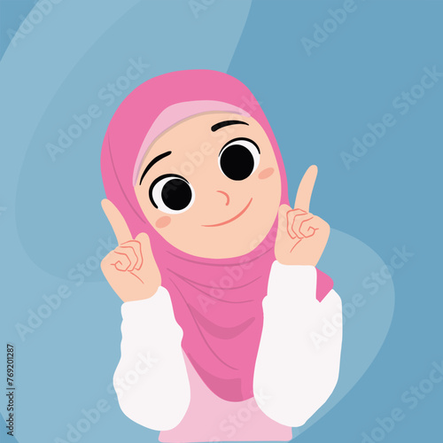 Young Hijab Girl Pointing Upwards With Two Hands